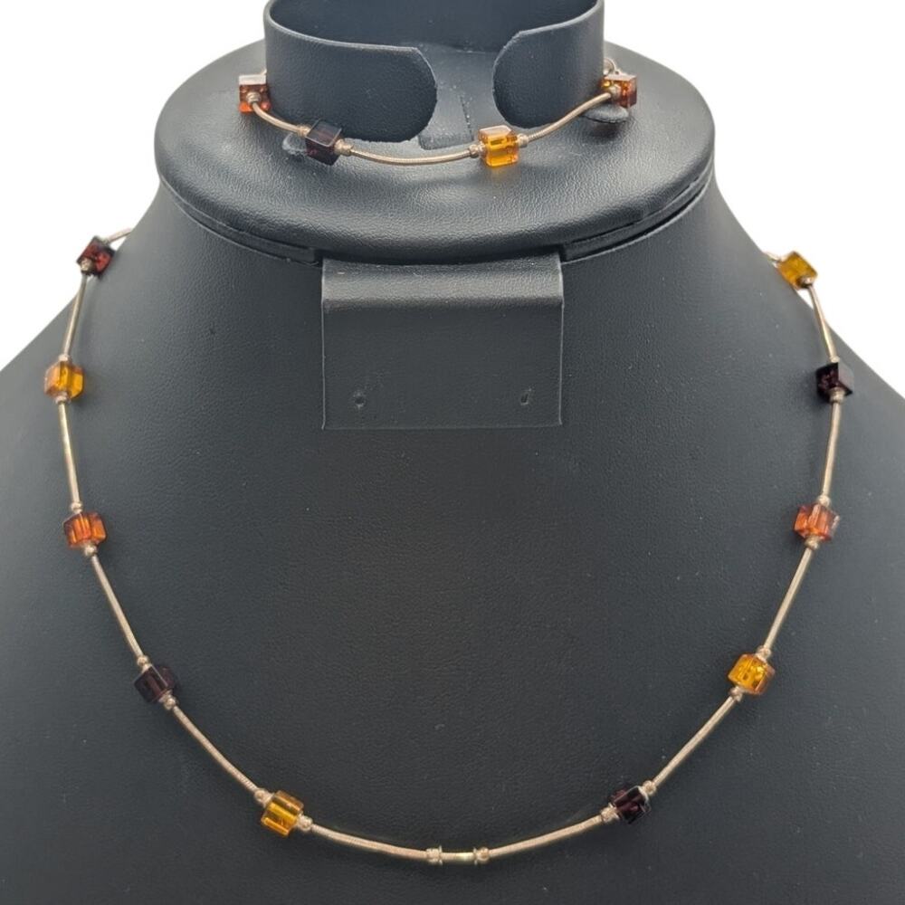 VTG 925 Sterling Silver Square Multi-Color Amber Bead 17" Necklace Bracelet Set